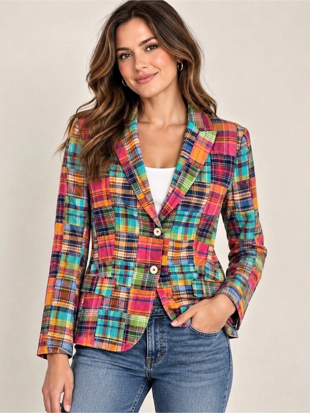 Brooks Brothers women's patchwork madras plaid blazer 
Size 10 NWT